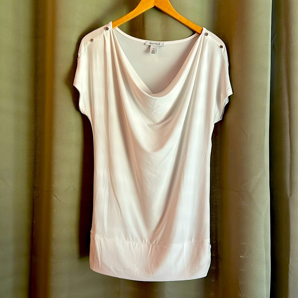 White House Black Market White Tunic Top with silver shoulder buttons -Size M
